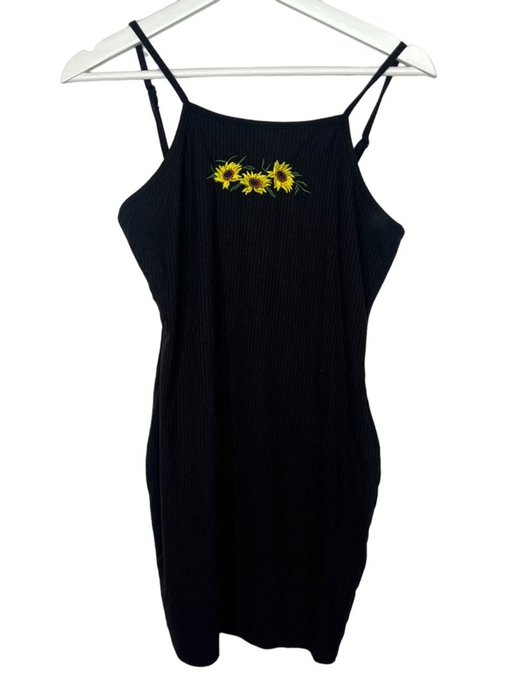 Shein Womens Medium Black Ribbed Bodycon Mini Dress Sunflower Embroidered